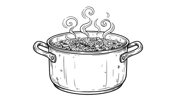 Steaming stew pot with swirling steam, chopped vegetables and parsley, hand drawn line art vector illustration isolated on white background
