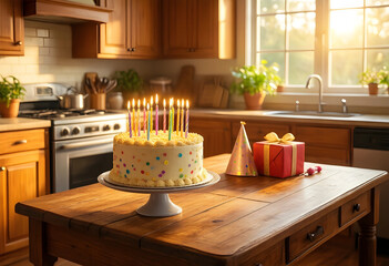 Fototapeta premium Birthday celebration and family gathering, confetti cake with lit candles and gift box on a wooden kitchen table in a cozy home interior at sunset