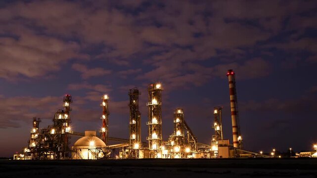 Refinery manufacturing towers brighten against dark blue twilight sky, showcasing heavy industry facility operation as artificial illuminations activate across outdoor chemical plant silos.