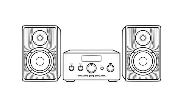 Hi-fi stereo system with two wood grain speakers and amplifier receiver, front view line art vector illustration isolated on white background