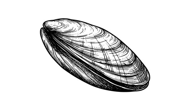 Hand drawn mussel shell with detailed hatching and stippling, diagonal engraving style seafood vector illustration isolated on white background