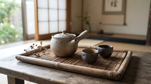 Japanese tea set with a light speckled clay teapot and two dark ceramic cups placed on a bamboo mat tray on a rustic wooden table in a room