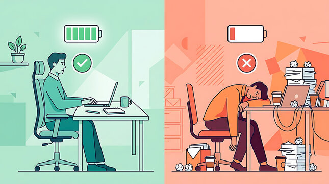 Comparison of productive employee with high energy and exhausted worker experiencing workplace burnout and stress
