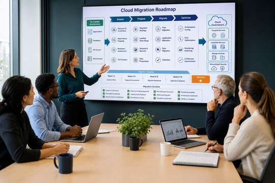 Cloud Migration Roadmap Presentation Showing Assessment Preparation Migration Optimization Timeline and Team Strategy for Enterprise Modernization Project