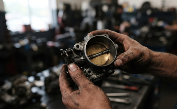 Mechanic holding a car throttle body in an auto repair shop for automotive maintenance and repair concepts