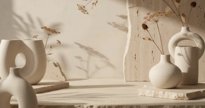 Minimalist Ceramic Vases and Dried Flowers on Neutral Beige Background
