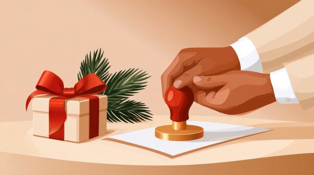 Red ribbon wrapped gift box beside pine branch as hand stamps document with red wax seal, holiday notary services concept