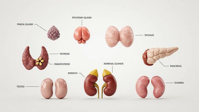 Anatomy diagram of human endocrine system organs labeled on a clean white background scene.