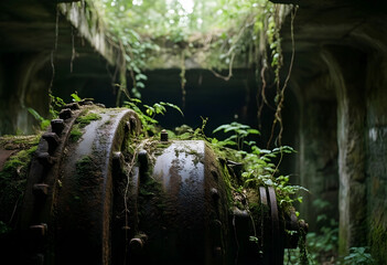 Fototapeta premium Urban decay and industrial abandonment, rusted machinery covered in moss inside an overgrown tunnel nature reclamation and environmental change