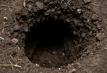 Fototapeta premium Burrow and wildlife habitat animal den in dark soil ground nature conservation and ecology underground tunnel entrance in wilderness environmental