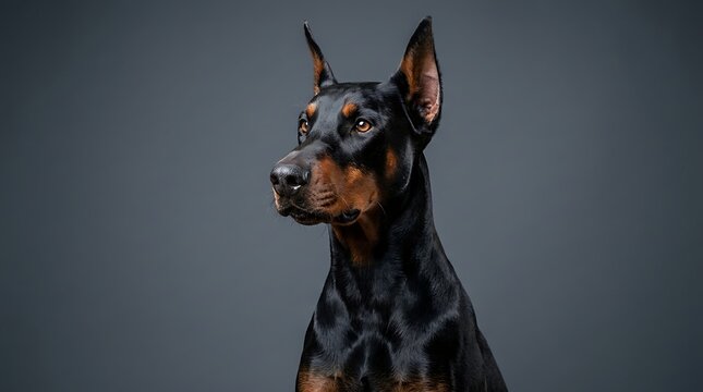 Portrait of a majestic doberman pinscher dog with cropped ears, looking alert and attentive against a solid dark grey studio background, showcasing its sleek black and tan coat