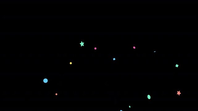 Small colorful confetti clusters pop across the frame in playful bursts. 6-second transparent motion graphic for birthday videos, parties, kids content, promos and social media.