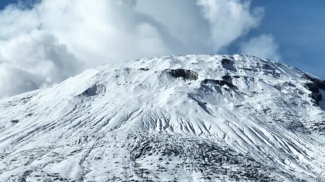 Nevado del Ruiz Snow Covered Volcanic Summit in the Colombian Andes. Establishing Shot. Aerial View.
