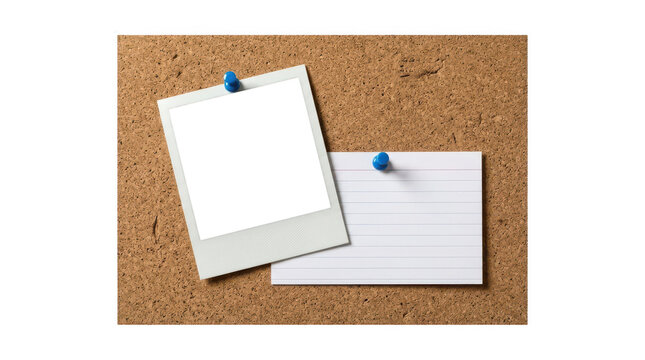 Blank instant photo frame and lined note card pinned to corkboard, brown cork board texture with empty photo frame, office memo board mockup isolated on Transparent Background
