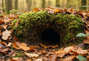 Fototapeta premium Wildlife habitat and nature conservation, animal burrow entrance in forest floor with moss and autumn leaves for environmental and biodiversity research