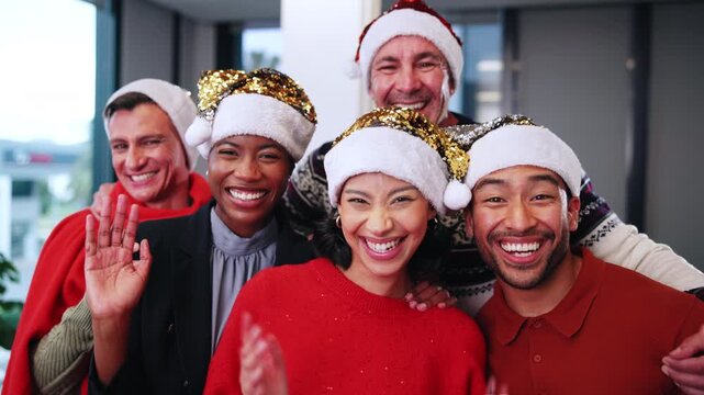 People, face and excited at company for Christmas, festive celebration and last day of work. Employee, team and cheering at office party for xmas event, year end function and achievement in santa hat