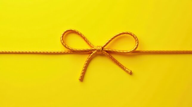 A golden cord tied in a simple bow against a vibrant yellow backdrop, suggesting elegance and minimalist design
