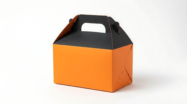 A blank orange and black cardboard gable box with a handle, designed for food packaging or gift items, presented as a clean product mockup isolated on white background