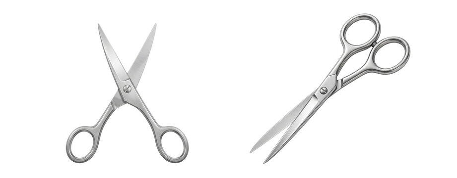 Two pairs of sharp steel scissors isolated with cutting tool office supply metal scissors crafting tool tailor scissors stationary items white background scissors equipment isolated PNG