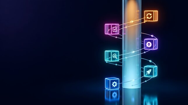 Business process automation concept with glowing digital icons spiraling upwards on a transparent cylinder representing workflow optimization and continuous growth