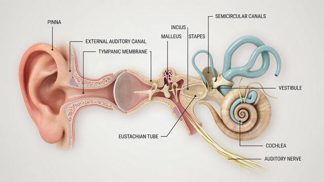 Human ear anatomy diagram with labelled parts for medical education and clinical research.