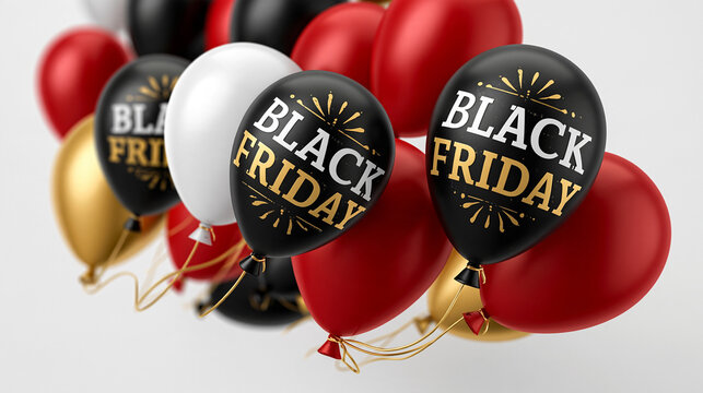 Black friday sale promotional balloons featuring elegant gold typography against bright studio background