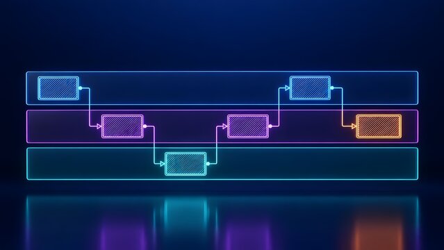Glowing digital flowchart concept representing business process and system architecture on a dark reflective background for project management and workflow