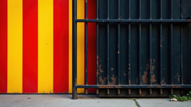 Striking juxtaposition of vibrant vertical stripes and a weathered metal gate, creating a compelling urban scene with contrasting textures and colors.