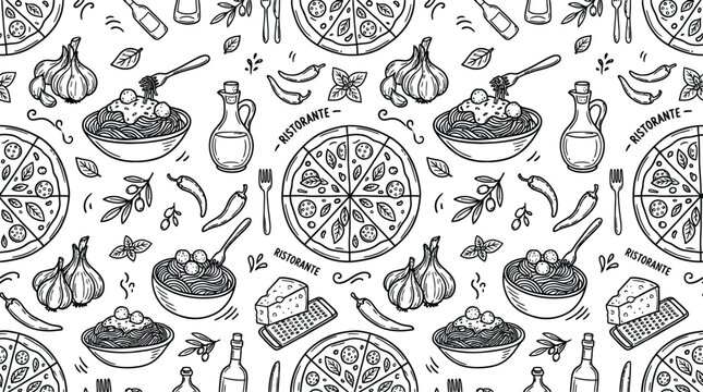 Hand drawn Italian restaurant food black line seamless pattern background featuring whole pizza pasta bowl olive oil decanter cheese garlic and chili peppers