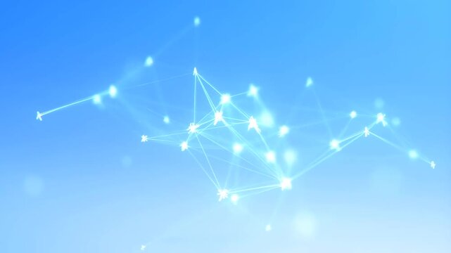 Glowing white network constellation of connected nodes and digital lines floating against a clean bright blue sky background 3D render