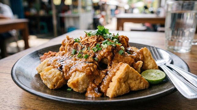 Indonesian fried tofu dumplings batagor with thick peanut sauce sweet soy sauce and lime on plate