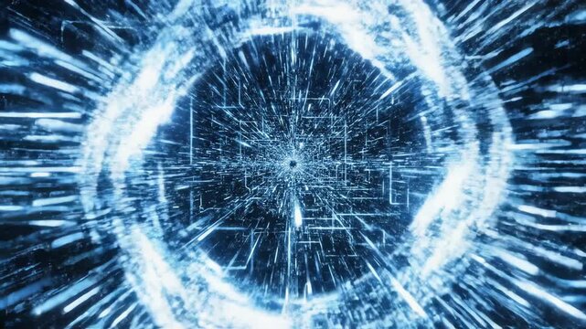 Futuristic cyber hyperspace portal tunnel formed by glowing blue circuit board patterns and high speed digital data stream 3D render animation