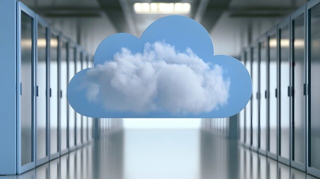 A stylized cloud icon floats above a long corridor lined with server racks in a modern data center environment