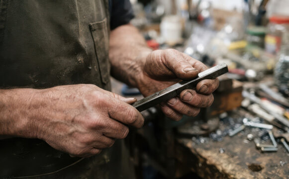 Senior male artisan working with metal bar in a rustic workshop showing craftsmanship and manufacturing