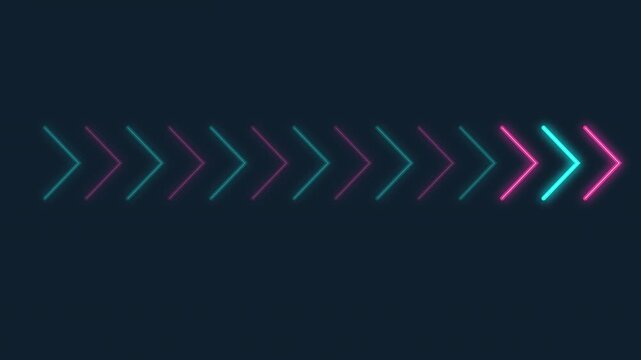 Neon glowing arrows moving forward in a horizontal line on a dark