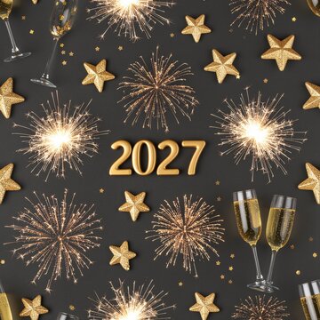 Sparkling Happy New Year 2027 seamless pattern square composition 1:1
