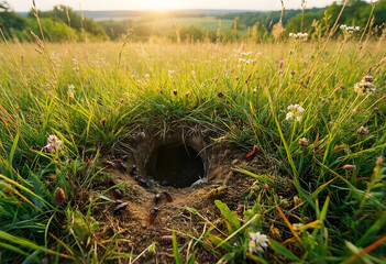 Fototapeta premium Biodiversity and ecosystem health, insects and beetles gathering around a burrow entrance in a wild meadow at sunset with golden hour light
