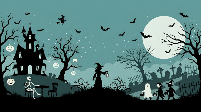 Halloween haunted house scene with spooky graveyard and trick or