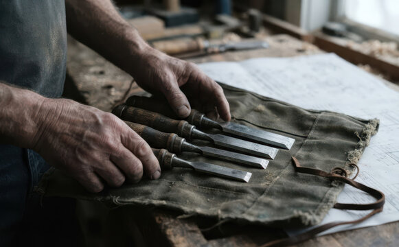 Middle-aged caucasian woodworker hands selecting chisels from a canvas tool roll in a rustic carpentry workshop for woodworking crafts