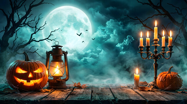 Halloween jack o lantern pumpkin with glowing candles and vintage