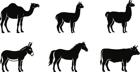 Fototapeta premium Domestic livestock and pack animals black silhouette vector illustration collection featuring camel alpaca llama donkey horse and cow isolated on white background