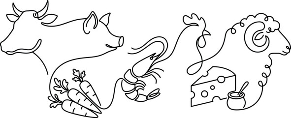 Obraz premium Continuous one line drawing concept of food sources featuring cow pig chicken ram sheep carrots shrimp prawn cheese slice and honey jar