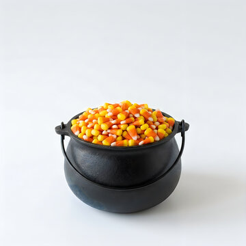 Black cast iron pot filled with colorful candy corn on white background