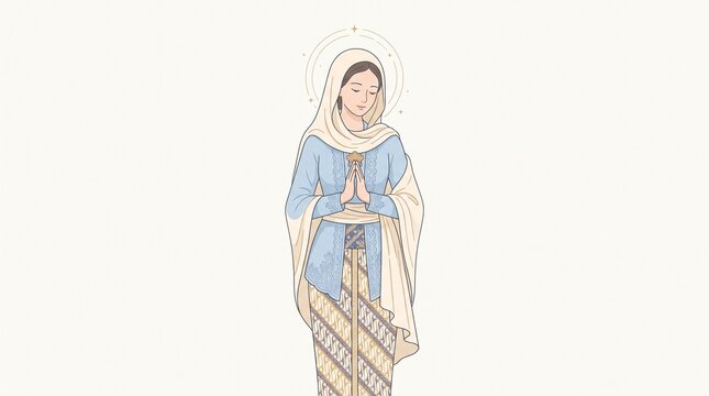 Virgin Mary Catholic Illustration in Traditional Indonesian Kebaya and Batik