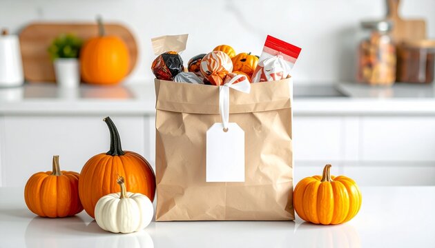Festive Halloween Gift Bag Filled with Seasonal Treats and Small Pumpkins