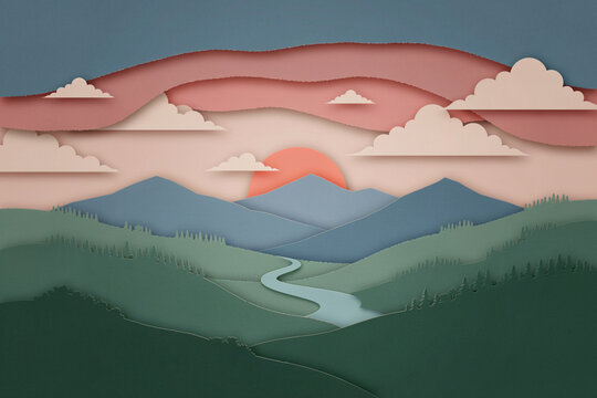 Paper cut sunset landscape with layered pink clouds and winding river