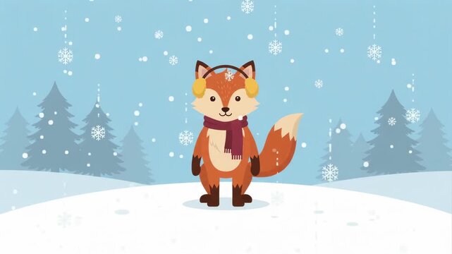 Cute animated fox waving in a snowy winter forest landscape