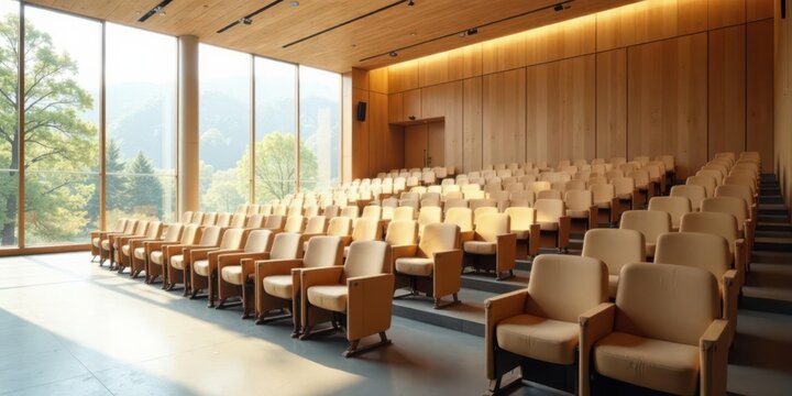 Serene Auditorium with Expansive Window Views and Natural Light Illuminating Rows of Comfortable Seating