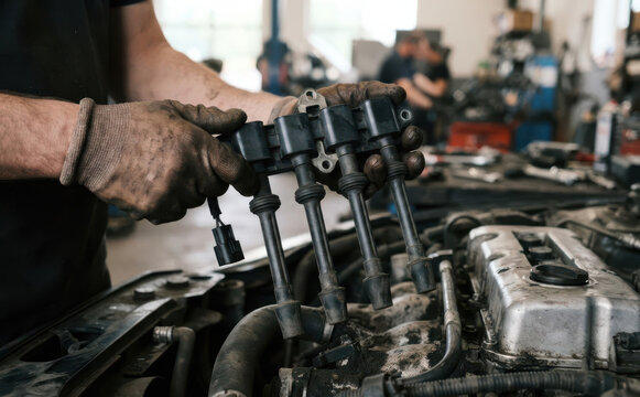 Mechanic holding ignition coil pack over car engine in repair shop for auto maintenance