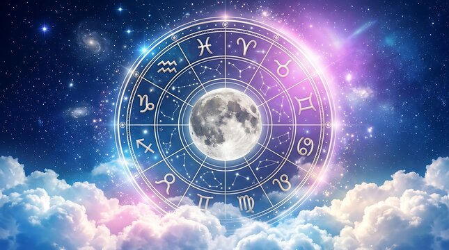Astrological zodiac wheel with moon in the center, constellations of the twelve zodiac signs, and glowing stars in a magical night sky with clouds